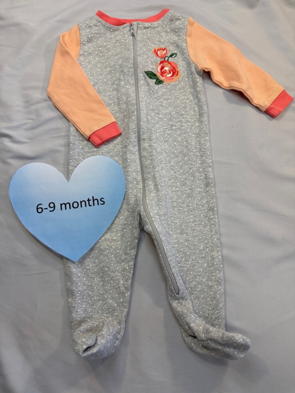 Koala Baby - Grey and Peach Floral Appliqué Baby Footed One-Piece sleeper/romper